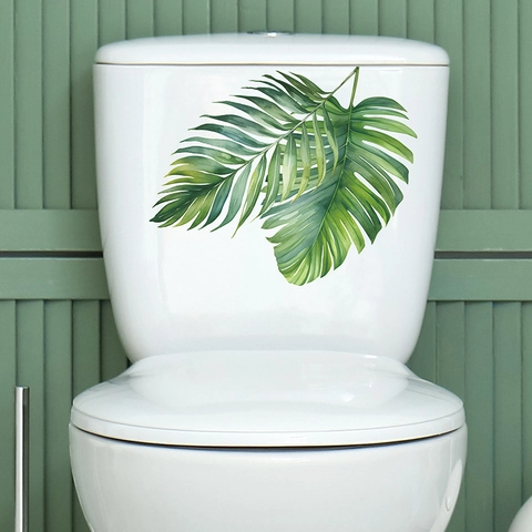 Adesivo per WC con Foglia di Palma Tropicale Verde Impermeabile in PVC Acquerello Piante Decalcomania per Bagno Casa