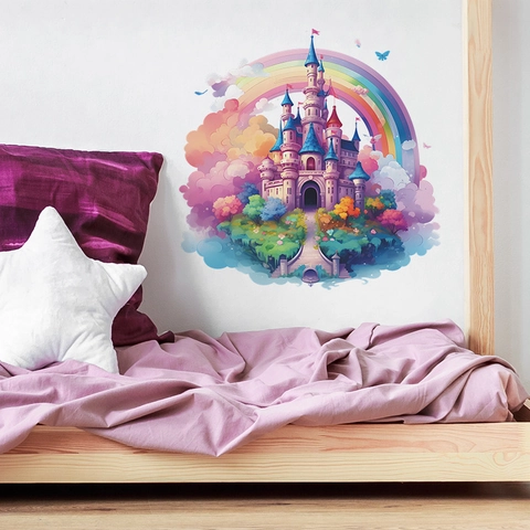Cartoon Schloss Regenbogen Wolken Wandtattoo Wasserdicht Selbstklebend Wandaufkleber Für Kinderzimmer Schlafzimmer Deko
