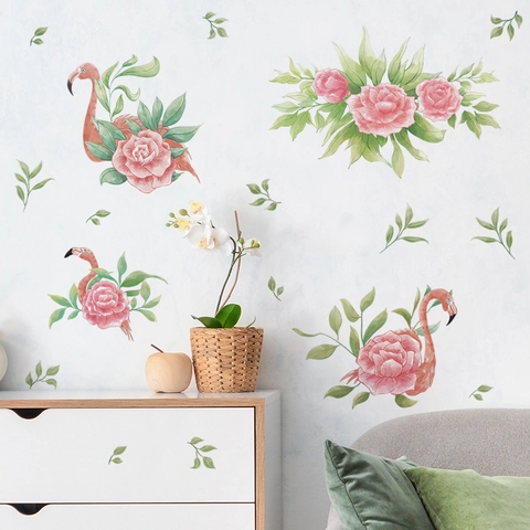 Adesivo da Parete Fenicottero Fiori Foglie PVC Autoadesivo Murale Removibile per Soggiorno Camera da Letto Decorazione Moderna