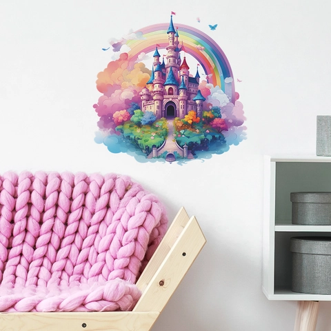 Dreamy Cartoon Castle Rainbow Clouds Wall Stickers For Kids Room Nursery Decor Removable Waterproof PVC DIY Background Wallpaper