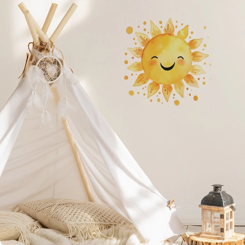 Cartoon Aquarel Lachende Zon Muursticker PVC Verwijderbaar Waterdicht Decoratieve Sticker Voor Kinderkamer Home Decor