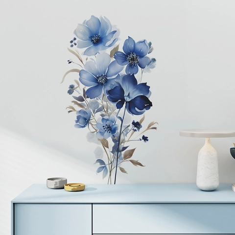 Pegatinas De Pared De Flores Azules En Acuarela PVC Autoadhesivas Calcomanías Florales Para Sala Dormitorio Decoración De Pared Estilo Moderno