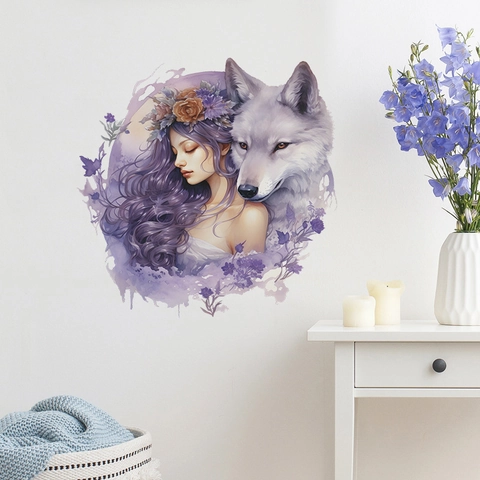 Kreative Mädchen Wolf Wandaufkleber Traumhafte Lila Blumen Aquarell PVC Selbstklebend Wandbild Für Wohnzimmer Schlafzimmer Deko