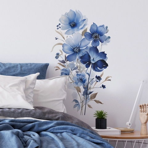Pegatinas De Pared De Flores Azules En Acuarela PVC Autoadhesivas Calcomanías Florales Para Sala Dormitorio Decoración De Pared Estilo Moderno