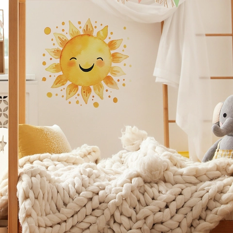 Cartoon Aquarel Lachende Zon Muursticker PVC Verwijderbaar Waterdicht Decoratieve Sticker Voor Kinderkamer Home Decor