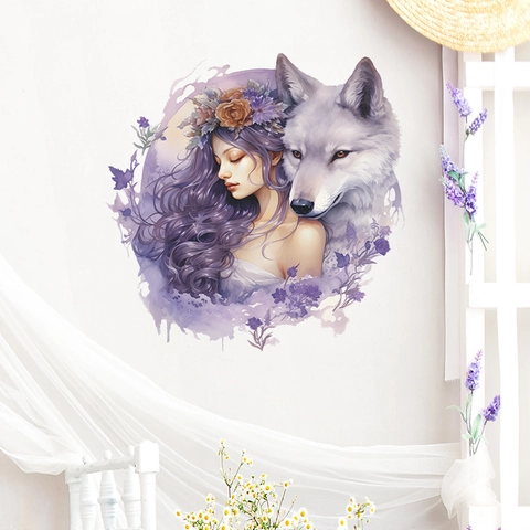 Kreative Mädchen Wolf Wandaufkleber Traumhafte Lila Blumen Aquarell PVC Selbstklebend Wandbild Für Wohnzimmer Schlafzimmer Deko