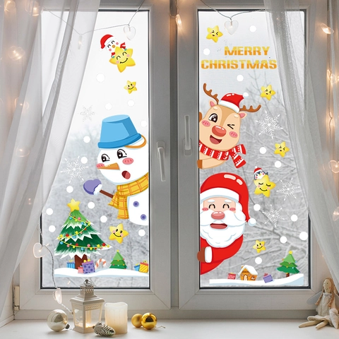 Weihnachten Statische Fensterbilder Aufkleber Weihnachtsmann Rentier Schneemann Schneeflocke Baum Für Haus Feiertag Glas Tür Deko
