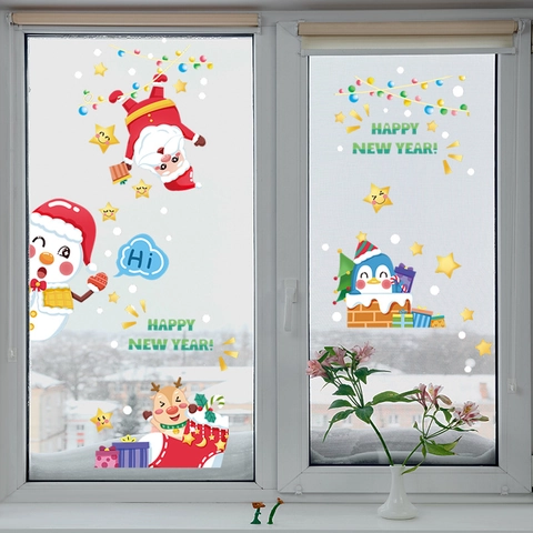 Calcomanías Estáticas de PVC para Ventanas de Navidad Papá Noel Muñeco de Nieve Reno Feliz Año Nuevo para Puertas de Vidrio