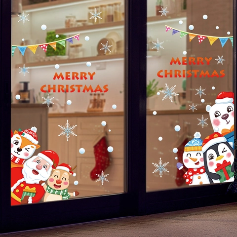 Pegatinas Estáticas Para Ventana De Navidad Papá Noel Reno Copos De Nieve Dibujos Animados Animal Puerta Cristal Decoración
