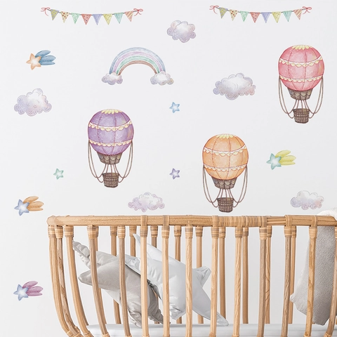 Watercolor Hot Air Balloon Wall Stickers For Kids Room Rainbow Clouds Stars Self Adhesive PVC Nursery Wall Decals Decoration