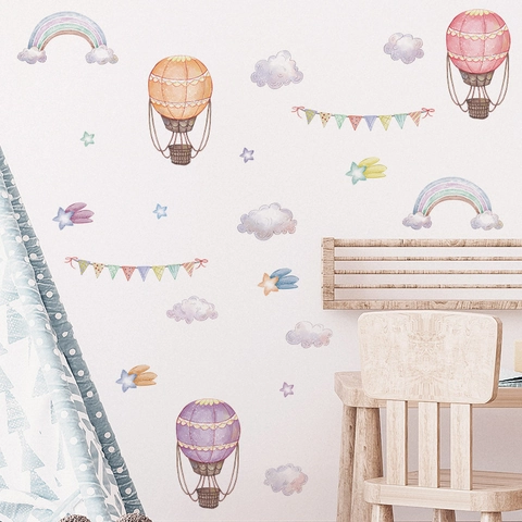 Watercolor Hot Air Balloon Wall Stickers For Kids Room Rainbow Clouds Stars Self Adhesive PVC Nursery Wall Decals Decoration