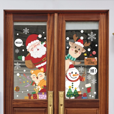 Wiederverwendbare Weihnachts Statische Fensteraufkleber Cartoon Weihnachtsmann Schneemann Rentier Glastür Wandtattoo Für Feiertag Dekor