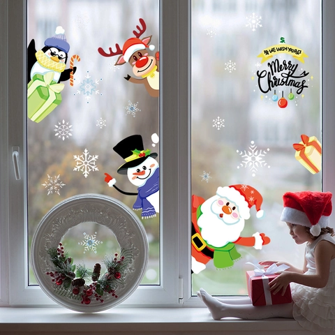 Weihnachts-Fensterbilder Statisch Weihnachtsmann Rentier Schneemann Schneeflocken PVC Aufkleber Für Glasdekoration Haus Dekoration