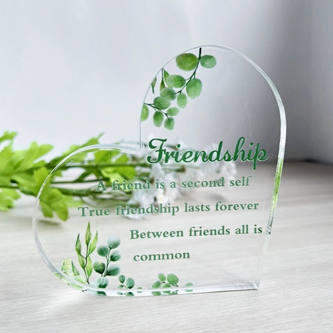 Heart Shaped Transparent Acrylic Plaque Friendship Gift Green Leaf Print Inspirational Quotes Desk Ornament For Friends