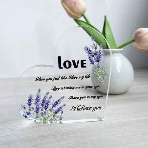Transparent Heart Shaped PVC Desk Ornament Lavender Floral Print Romantic Love Quotes Valentine's Day Gift Home Decoration