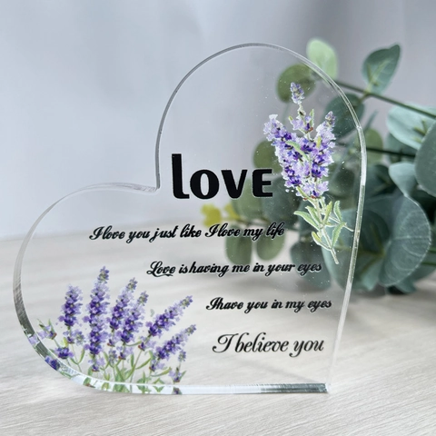 Transparent Heart Shaped PVC Desk Ornament Lavender Floral Print Romantic Love Quotes Valentine's Day Gift Home Decoration