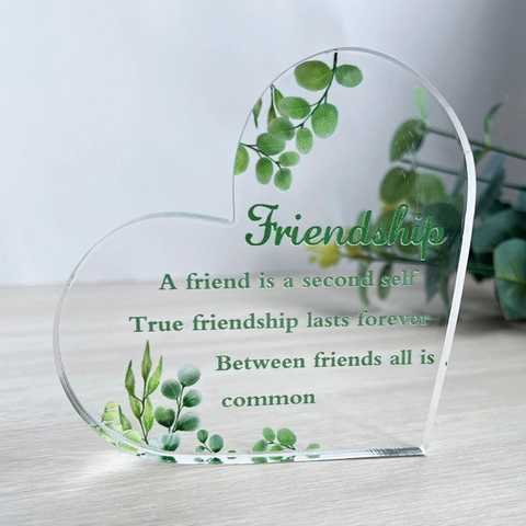 Heart Shaped Transparent Acrylic Plaque Friendship Gift Green Leaf Print Inspirational Quotes Desk Ornament For Friends