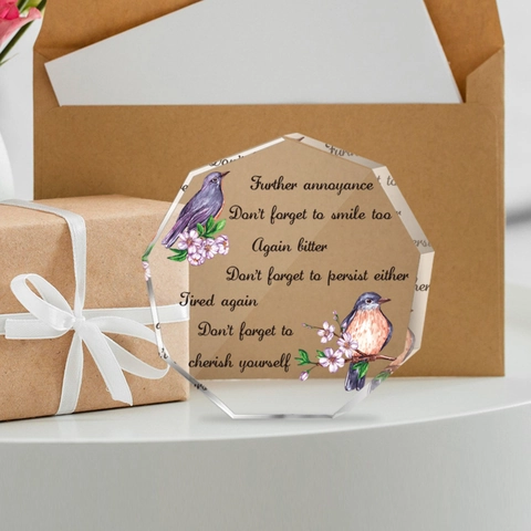 Inspirational Acrylic Octagonal Desktop Ornament Clear Bird Flower Pattern Plaque Quote Gift For Friend Graduation Home Office Decor