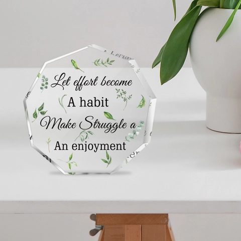 Modern Transparent Plaque Desk Ornament With Green Leaf Pattern Inspirational Quote Let Effort Become A Habit Home Decor