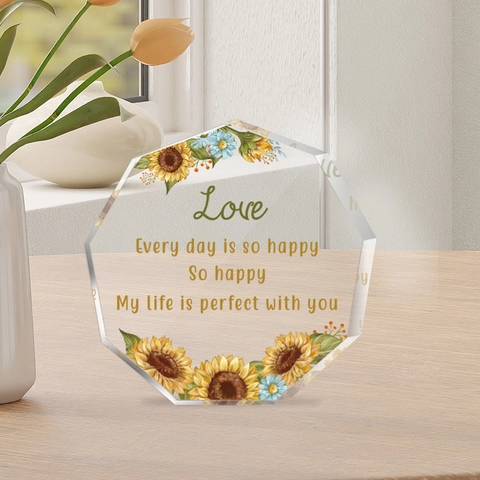 Ornamento da Scrivania in Acrilico Ottagonale Girasole Citazione Love Targa Decorativa Trasparente per Casa Ufficio Regalo di San Valentino