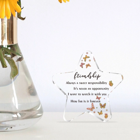 Star Shaped Clear Acrylic Friendship Plaque Ornament With Colorful Butterfly And Inspirational Quotes Desktop Decor Gift