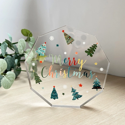 Placca Decorativa in Acrilico Trasparente di Natale Decagono Con Scritta Merry Christmas e Alberi per Scrivania Casa Ufficio