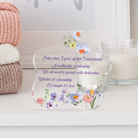 Transparent Acrylic Flower Desktop Ornament Heartfelt English Quotes Printed Memorial Gift For Mother Home Decor Irregular Shape Plaque