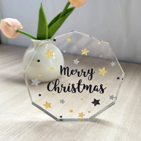 Ornamento di Natale in Acrilico Blocco Ottagonale Trasparente Merry Christmas Stampato Decorazione da Tavolo Stelle Regalo per la Casa