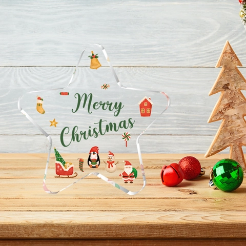 Frohe Weihnachten Sternförmiges Acryl Ornament Transparentes Tischschild Mit Weihnachtsmann Schneemann Muster Für Wohnzimmer Deko
