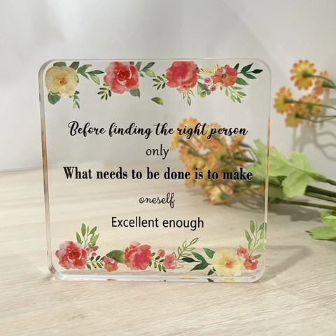 Modern PVC Acrylic Square Desktop Plaque With Floral Pattern And English Quotes Clear Decorative Desk Ornament For Home Office