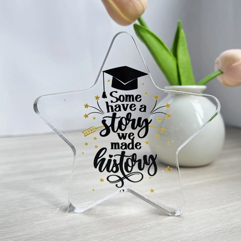 Placa de Acrílico Estrella Graduación Adorno Escritorio Transparente Con Frase Historia Birrete Oro Regalo para Estudiantes