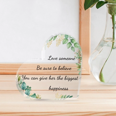 Herzförmiges Inspirierendes Englisches Slogan Acryl Schreibtisch Ornament Grünes Blatt Blumenmuster Abschlussgeschenk Desktop Deko Plakette