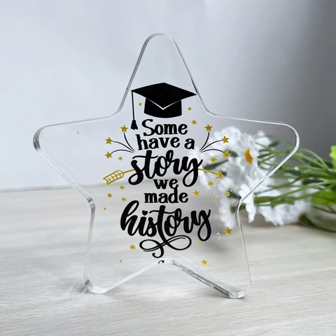 Placa de Acrílico Estrella Graduación Adorno Escritorio Transparente Con Frase Historia Birrete Oro Regalo para Estudiantes