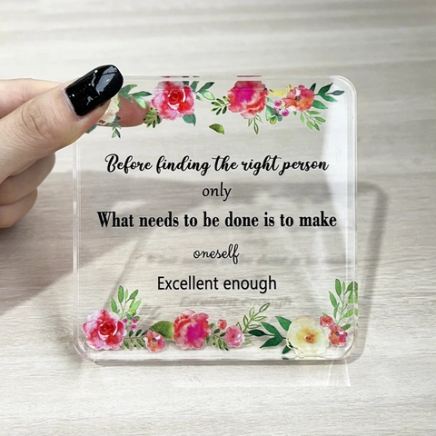 Modern PVC Acrylic Square Desktop Plaque With Floral Pattern And English Quotes Clear Decorative Desk Ornament For Home Office
