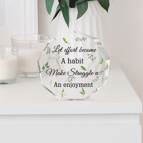 Modern Transparent Plaque Desk Ornament With Green Leaf Pattern Inspirational Quote Let Effort Become A Habit Home Decor
