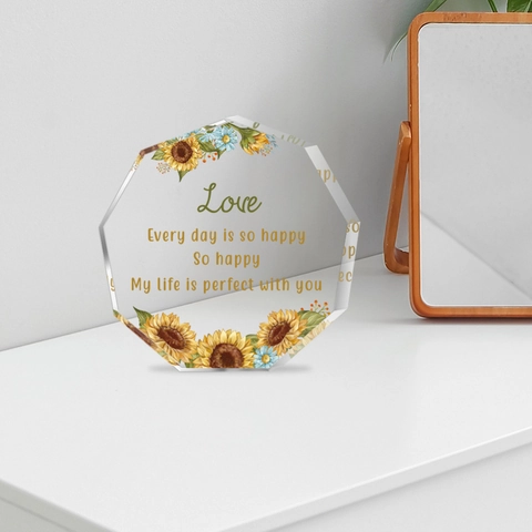 Ornamento da Scrivania in Acrilico Ottagonale Girasole Citazione Love Targa Decorativa Trasparente per Casa Ufficio Regalo di San Valentino