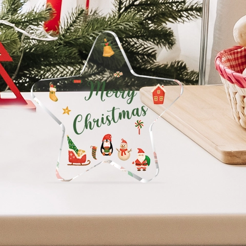 Frohe Weihnachten Sternförmiges Acryl Ornament Transparentes Tischschild Mit Weihnachtsmann Schneemann Muster Für Wohnzimmer Deko