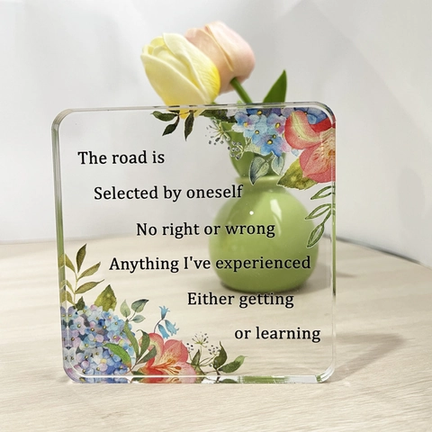 Square Transparent Acrylic Plaque With Inspirational English Quotes And Floral Pattern Modern Minimalist Desktop Ornament Home Decor