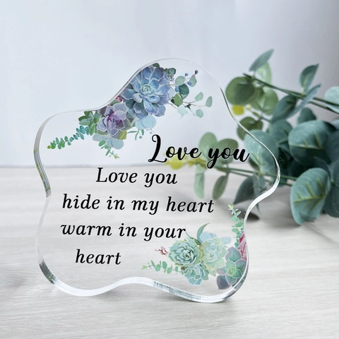 Irregular Acrylic Desktop Ornament With Succulent Floral Pattern And Warm Quote For Mother's Day Valentine's Day Home Decor