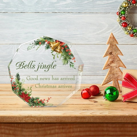 Ornement de Bureau de Noël Nonagone en PVC Motif Père Noël et Cloches Décoration de Fête Transparente Pour Chambre Salon Cadeau
