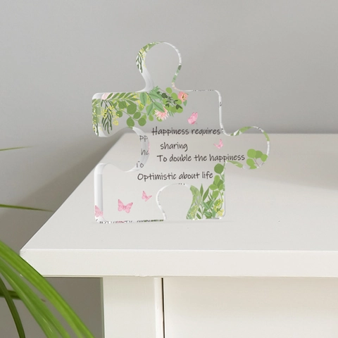 Ornamento da Scrivania in PVC Trasparente a Forma di Puzzle Con Piante Verdi Farfalla Citazioni Motivazionali in Inglese Placca Decorativa