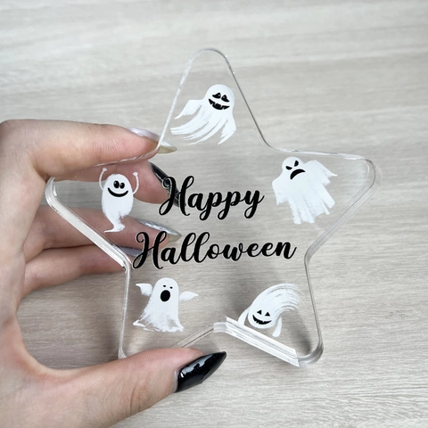 Plaque Étoile Halloween en PVC Avec Fantômes Happy Halloween Imprimée Transparent Décoration de Table pour Maison Fête