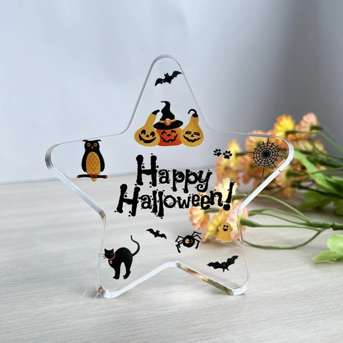 Ornement de Bureau en Acrylique Transparent en Forme d'Étoile d'Halloween Citrouille Chauve-souris Décoration de Table Cadeau
