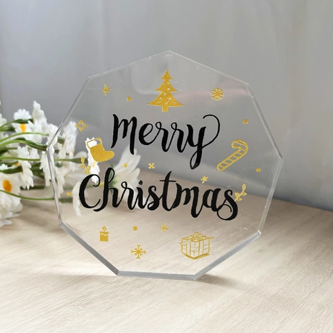 Nonagon Clear PVC Christmas Decoration Merry Christmas Pattern Transparent Desk Ornament Holiday Festive Home Table Decor
