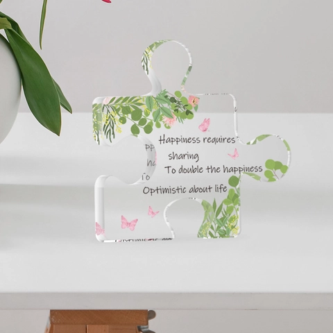 Ornamento da Scrivania in PVC Trasparente a Forma di Puzzle Con Piante Verdi Farfalla Citazioni Motivazionali in Inglese Placca Decorativa