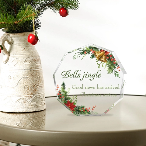 Ornement de Bureau de Noël Nonagone en PVC Motif Père Noël et Cloches Décoration de Fête Transparente Pour Chambre Salon Cadeau