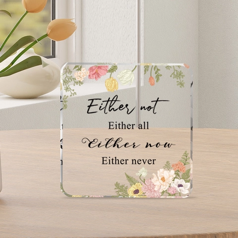 Modern Square PVC Desktop Ornament With Floral Pattern Motivational English Quotes Transparent Decorative Plaque For Home Office Decor