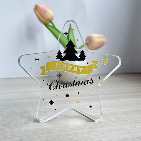 Ornamento da Scrivania Natalizio a Stella in PVC Trasparente Con Stampa Albero Festivo Fiocchi di Neve Merry Christmas per Decorazione Casa Ufficio Regalo