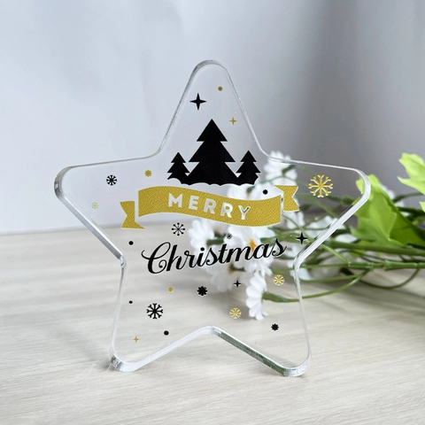 Ornamento da Scrivania Natalizio a Stella in PVC Trasparente Con Stampa Albero Festivo Fiocchi di Neve Merry Christmas per Decorazione Casa Ufficio Regalo