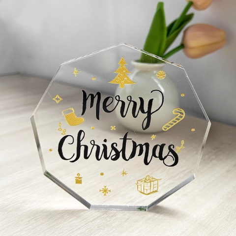 Nonagon Clear PVC Christmas Decoration Merry Christmas Pattern Transparent Desk Ornament Holiday Festive Home Table Decor